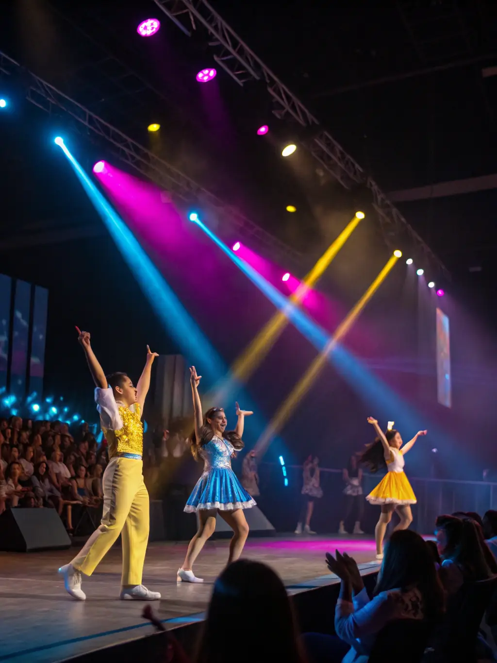 A vibrant photograph capturing a live dance performance on an outdoor stage, with colorful costumes and dynamic lighting, showcasing the energy and artistry of the dancers.