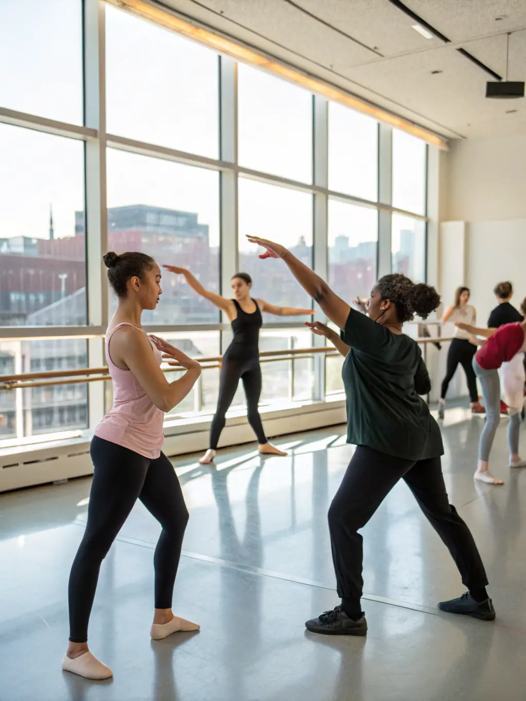 A group of young dancers working with professional choreographers during an intensive workshop, focusing on technique, improvisation, and performance skills.