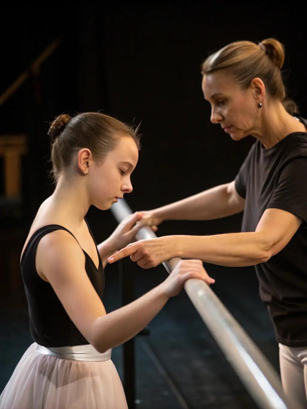 A young dancer receiving mentorship from a professional, highlighting the support for emerging talents.
