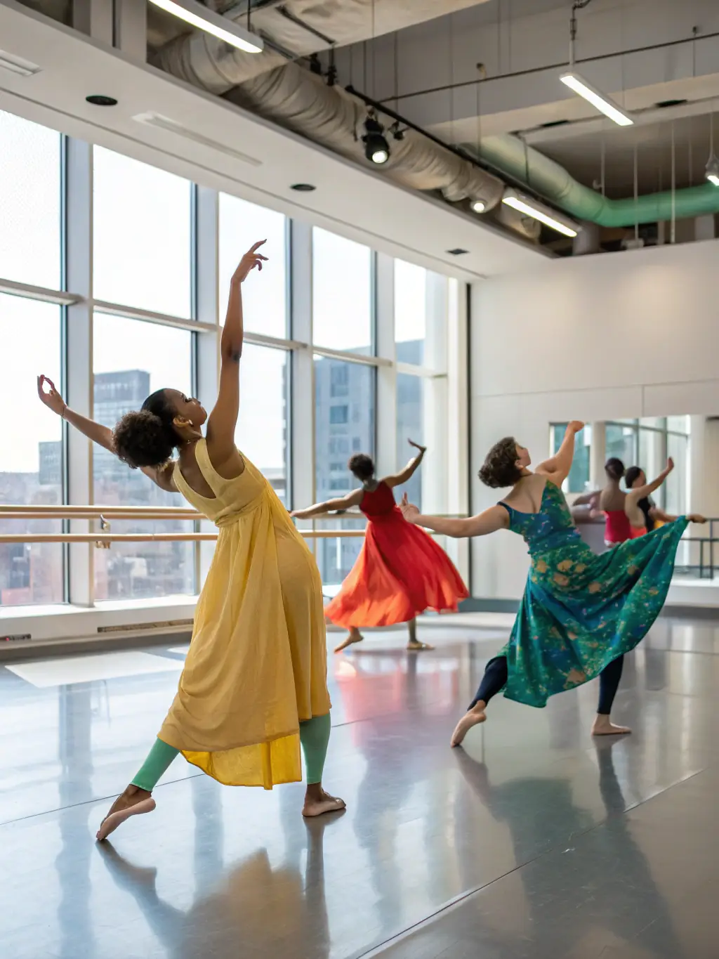 A diverse group of dancers participating in a contemporary dance workshop, focusing on body movement and expression, set in a brightly lit studio with large windows.