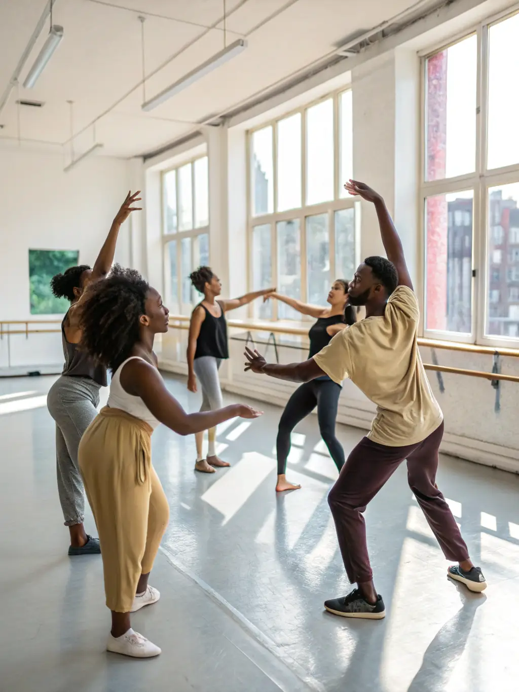 A behind-the-scenes shot of dancers rehearsing for a multidisciplinary project, showing the collaborative process and dedication involved in creating innovative performances.